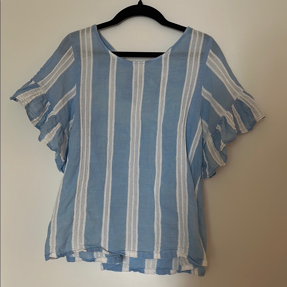 BP. by Nordstrom Striped Linen-Blend Ruffle Sleeve Top – Blue/White, Small